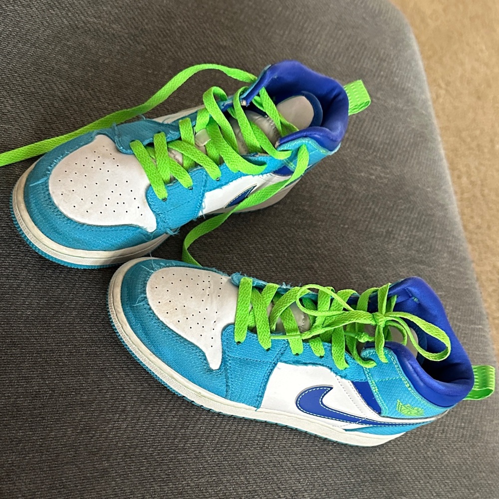 Kids Blue & White High-Top Sneakers with Neon Green Laces